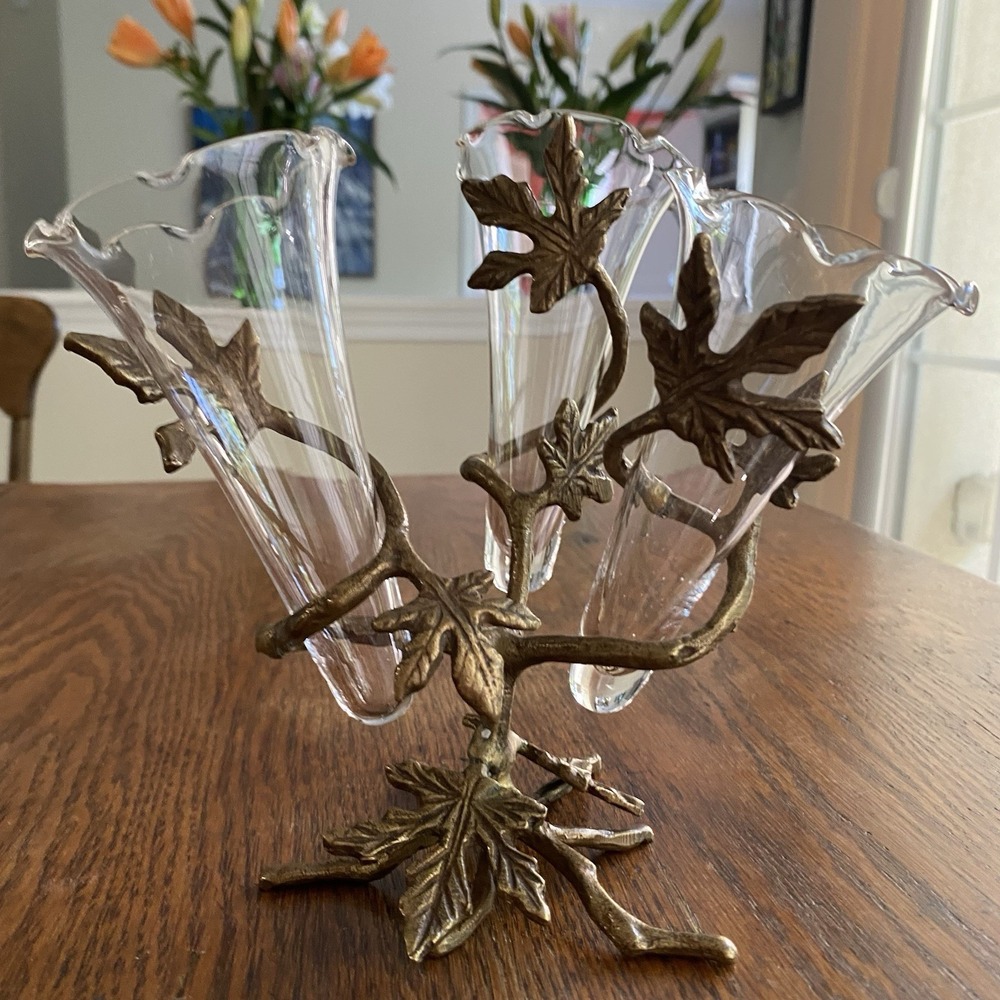 Vintage Floating Vase Blow Glass Brass Grape Leaves Art Nouveau
